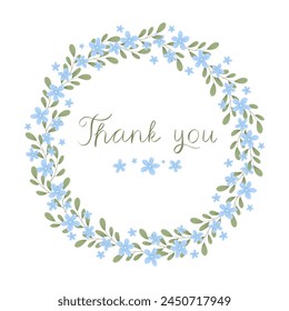 Flower frame for print design. Abstract blue flowers and leaves. Vector vintage card. Hand drawn illustration. Thank you title. Round frame. Design for invitation, wedding or greeting cards.