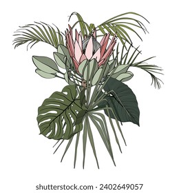 Flower frame with protea, simple colored flowers,palm leaves, style isolated on white background. Template for invitation card. Square composition. 