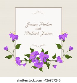 Flower frame with purple bell-flower over paper background. Vector illustration.