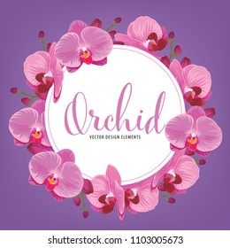 Flower frame with purple orchid background. Vector set of exotic tropical floral for holiday invitations, greeting card and fashion design.