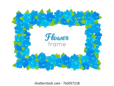Flower frame. Rectangular wreath of different blossoms. Leaves. Colourful selection of flowers on white. Blue purple yellow red roses. Decoration. Accessory for women. Cartoon design in flat. Vector