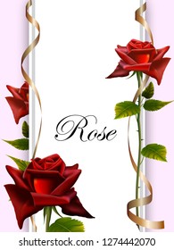 flower frame of red roses with gold ribbons,Red Roses, Green Leaves and Curly Ribbon,Valentines Day Card or Wedding Invitation Isolated on Background