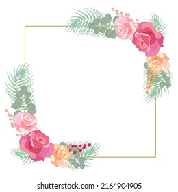 Flower frame with roses and eucalyptus leaves, isolated on white background,  plants, botanical design for fashion, fabric, wallpaper. Template wedding invitation card. Vector illustration.
 