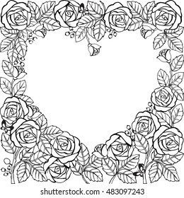 Flower frame with roses and heart. Flower frame for coloring page.