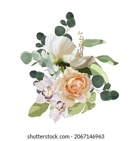 Flower frame with roses, peony, orchids in watercolor style isolated on white background. Template for invitation card. Square composition.