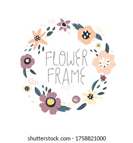Flower frame. Round border with cute camomiles. Greeting card, invitation, poster design element. Flat style isolated illustration.