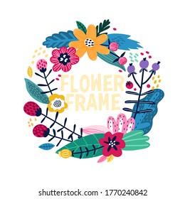 Flower frame. Round border with cute camomiles. Greeting card, invitation, poster design element. 