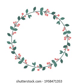 Flower frame in the round shape. Frame with green leaves and red flowers isolated on white background. Vector illustration.