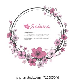 Flower frame of Sakura. Drawing and sketch on white background.