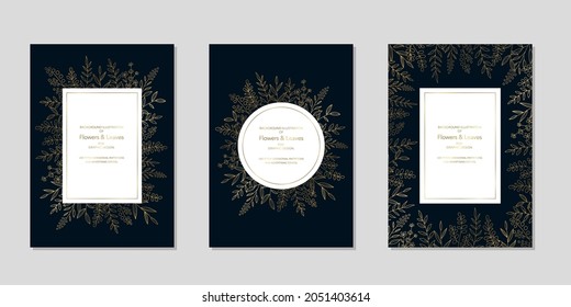Flower frame set for design Simple illustration of floral  Gold on navy-blue