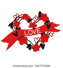 Flower frame in the shape of a heart. Decorative frame design with flowers, leaves and small hearts in red and black colors. A vector illustration drawn by hand. Lovers. A ribbon with an inscription