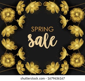 Flower frame. Spring sale template. Abstract blooming bouquet of golden flowers . Low poly style design. Wireframe light connection structure. Modern 3d graphic concept. Isolated vector illustration.
