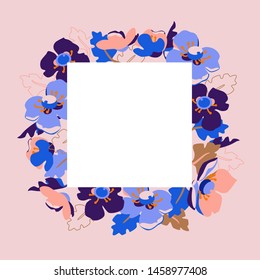 flower frame. Summer floral frame with bright leaves and flowers. Design for invitation, wedding or greeting cards.