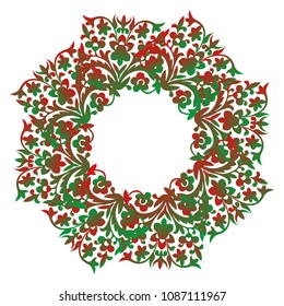 Flower Frame, Summer wreath with place for inscription in the middle, hand-painted on paper. Green, red Floral border for Greeting Card, Wedding postcard or invitation, botanical elements
