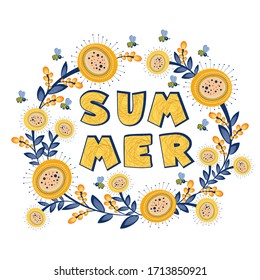 Flower frame. Sunflowers, bees, text summer. Wreath with sunflowers and bees with text inside. Rustic floral background. Vintage vector botanical illustration .