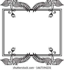 Flower frame template, black white background, design of greeting card. Vector