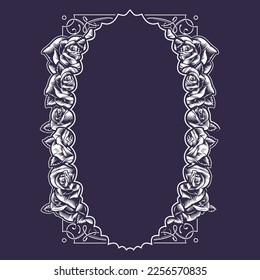 Flower frame template monochrome vintage Victorian style for portrait or logo oval shape among rose buds with petals vector illustration