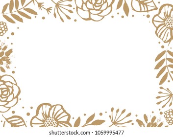 Flower frame template for wedding invitation and greeting card. Floral botanical collection. Flowers, branches, and leaves in nature pattern. Hand drawn design elements. Vector illustration.