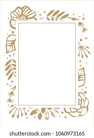 Flower frame template for wedding invitation and greeting card. Floral botanical collection. Flowers, branches, and leaves in nature pattern. Hand drawn design elements. Vector illustration.