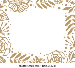 Flower frame template for wedding invitation and greeting card. Floral botanical collection. Flowers, branches, and leaves in nature pattern. Hand drawn design elements. Vector illustration.