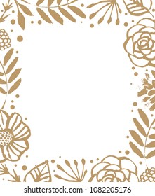 Flower frame template for wedding invitation and greeting card. Floral botanical collection. Flowers, branches, and leaves in nature pattern. Hand drawn design elements. Vector illustration.