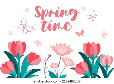 Blumenrahmen mit Text. Grußkarte mit schönen Pflanzen und Wörtern. Zwiebeln und Schmetterlinge auf weißem Hintergrund. Frühlingszeit. Design-Element für soziale Netzwerke. Cartoon flache Vektorgrafik.