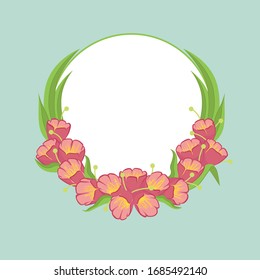 Marco floral con tulipanes y hojas. Ilustración vectorial. Decoración de la fiesta. Boda, cumpleaños. Tarjeta universal.