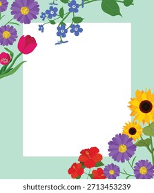 Blumenrahmen, Vektorgrafik mit bunten Blüten und Blättern, die einen leeren Raum umgeben, editierbarer floraler Hintergrund, geeignet für Frühlingsgrüße und Designlayouts.