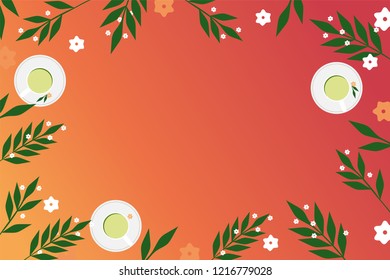 Flower frame vector illustration with cups of tea on gradient background.