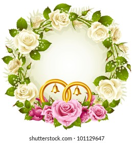 Flower frame. Vector white and pink rose and golden wedding rings