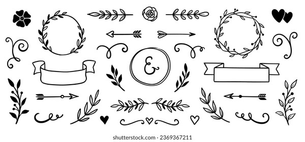 Flower frame, vintage ribbon doodle element. Hand drawn doodle cute floral border, arrow, banner ribbon set. Wedding swirl element, floral frame, flower decorative element. Vector illustration