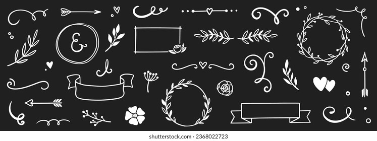 Flower frame, vintage ribbon element on chalkboard. Hand drawn doodle cute floral border, arrow, banner ribbon set. Wedding swirl element, floral frame, flower decorative element. Vector illustration