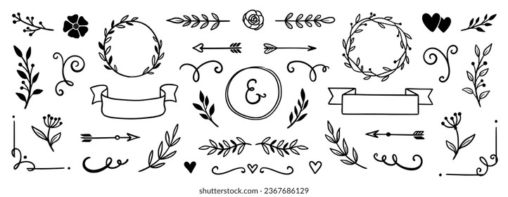 Flower frame, vintage ribbon vector element. Hand drawn doodle cute floral border, arrow, banner ribbon set. Wedding swirl element, floral frame, flower decorative element. Vector illustration