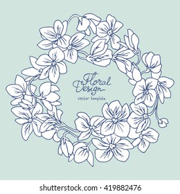 flower frame, violets, floral wreath circle frame, isolated vector 