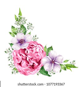 Flower frame in watercolor style isolated on white background. Template for invitation card. Square composition. Place for text. Art vector illustration.