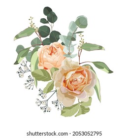 Flower frame in watercolor style isolated on white background. Template for invitation card. Square composition. Roses and eucalyptus.