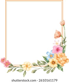 Flower Frame Watercolor Vector. Floral wreath with gold frame, suited for wedding invitations, greeting cards, background, wallpaper.