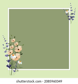 Flower frame with wild plants. Lavender, daises, arranged in beautiful design. Hand drawn vector illustration. Romantic, feminine, cute, colorful.