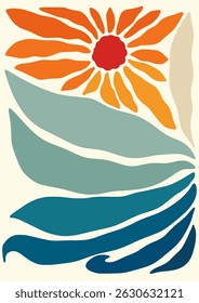 Flower framed art print hand drawn leaves shapes matisse style, naive art, contemporary background. Chamomile, sun flowers vector illustration