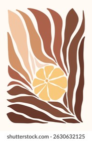 Flower framed art print hand drawn leaves shapes matisse style, naive art, contemporary background. Chamomile, sun flowers vector illustration