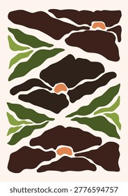 Flower framed art print hand drawn leaves shapes matisse style, naive art, contemporary background. Chamomile, Rose flowers vector illustration
