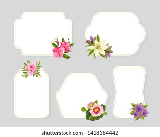 Flower Frames Card Templates with Blooming Flowers Set, Elegant Floral Design Element Can Be Used for Banners, Posters, Wedding Invitations, Greeting Cards Vector Illustration