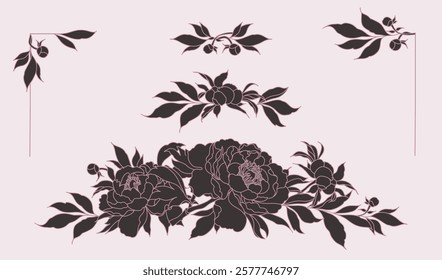 Flower frames. Corner decoration with silhouettes of peony flowers and leaves. Vector botanical decorative elements for card, wedding invitation, banner, poster, print, banner, advertising, packaging