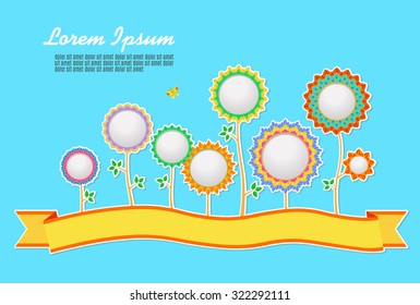 Flower frames with ribbon. Color trees with quotes, butterfly and blue sky. Eco concept. Empty space leaves room for design elements or text. Vector border, banner, frame, sticker. Template