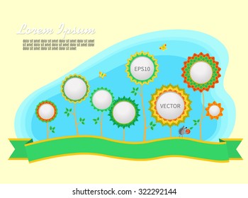 Flower frames with ribbon. Color trees with quotes, butterfly and blue sky. Eco concept. Empty space leaves room for design elements or text. Vector border, banner, frame, sticker. Template