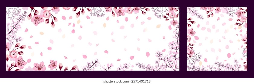 Flower frames with sakura and petals . hand drawing. Not AI, Vector illustration.