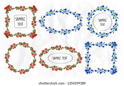 Flower frames set, round, square and oval frames collection decorated rose and bluebell flowers, suitable for invitation, cards or text frames
