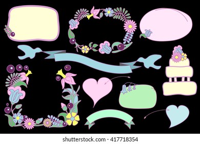 Flower frames and text bubbles vector clip art, flower frames isolated on black, romantic hearts and ribbon with doves, hand-drawn vector clipart for love letter and wedding invitation, love clip art