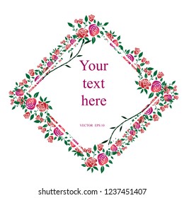 Flower Frame.Silhouette of a rose. Beautiful card with a flower wreath in the shape of a diamond. Bright illustration, can be used as a card creation, wedding invitation card and other holiday