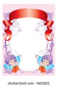 Flower framework with two angels and a red tape